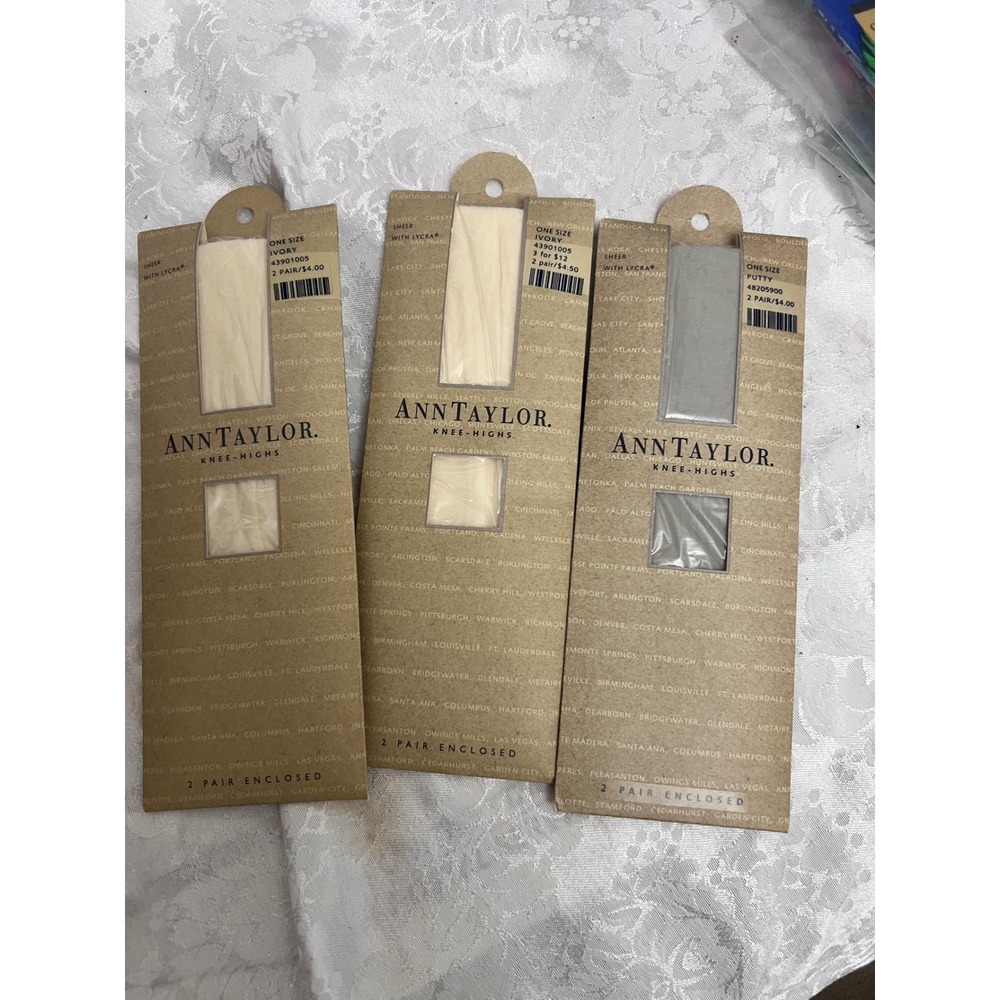 Ann Taylor Sheer Knee High Stockings Lot of 3 Ivory Putty 6 Pairs Total NIB